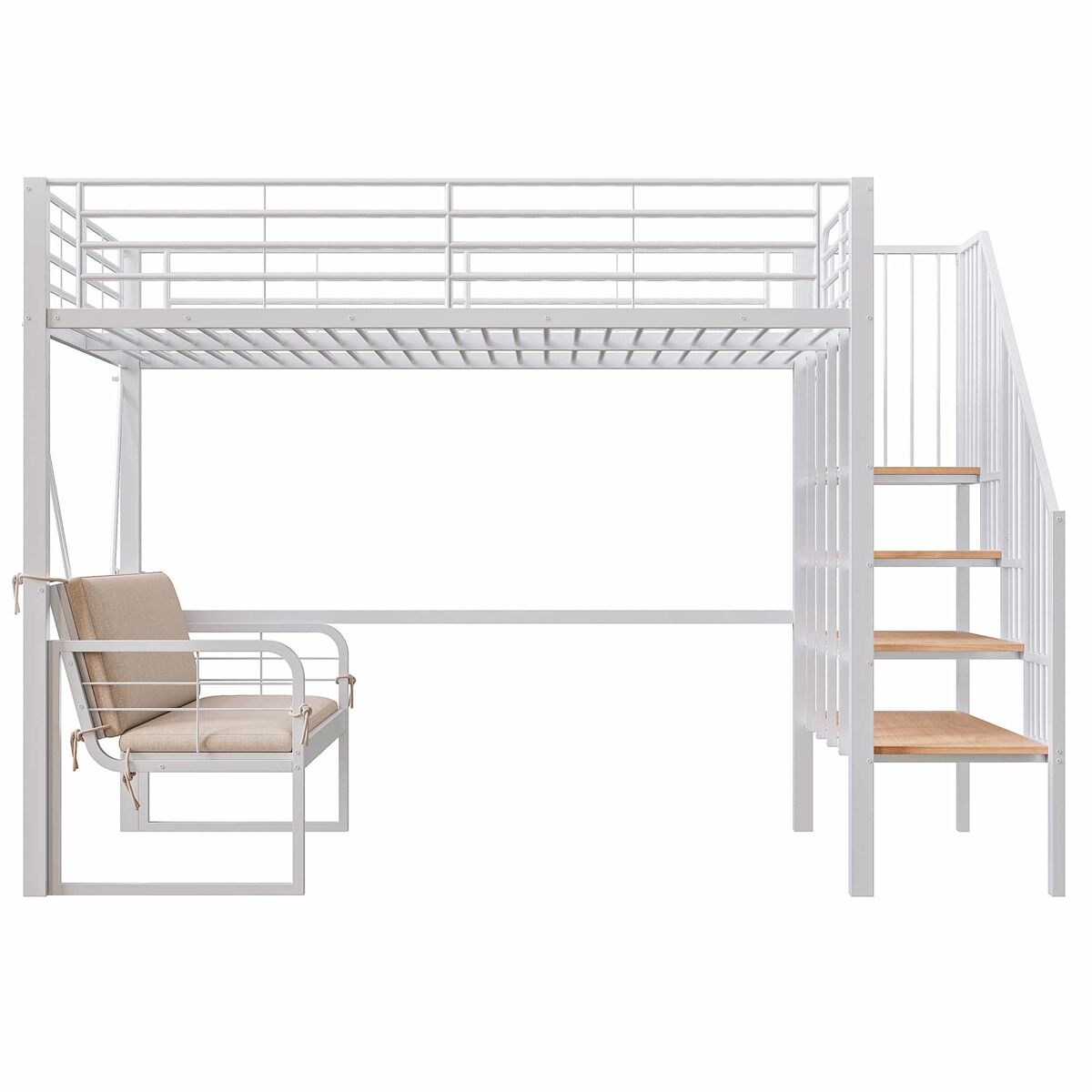 Beliche 140x200 - estrutura metálica, sofá estofado desmontável, arrumação, escada de segurança - branco