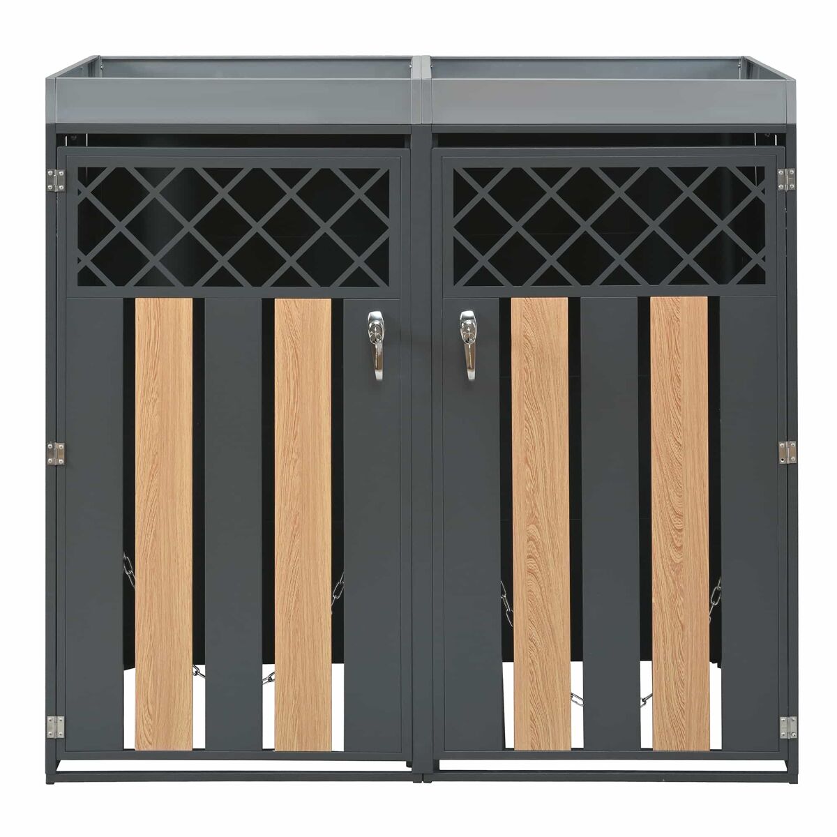 Contentor de lixo exterior 132x80x124,5 cm - com orifícios de ventilação em forma de losango, compartimentos para resíduos, fechadura, duas portas e
