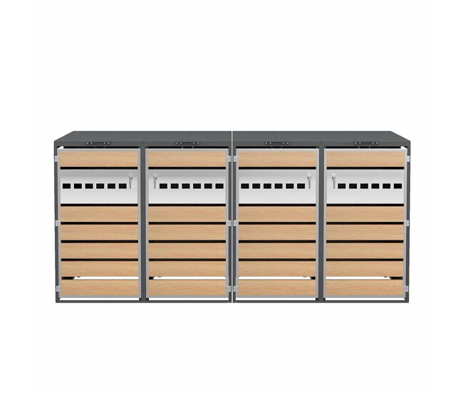 Caixa para lixo com tampa articulada - compartimentos de armazenamento, com fechadura, quatro portas, blocos horizontais com veios de madeira - cinza,