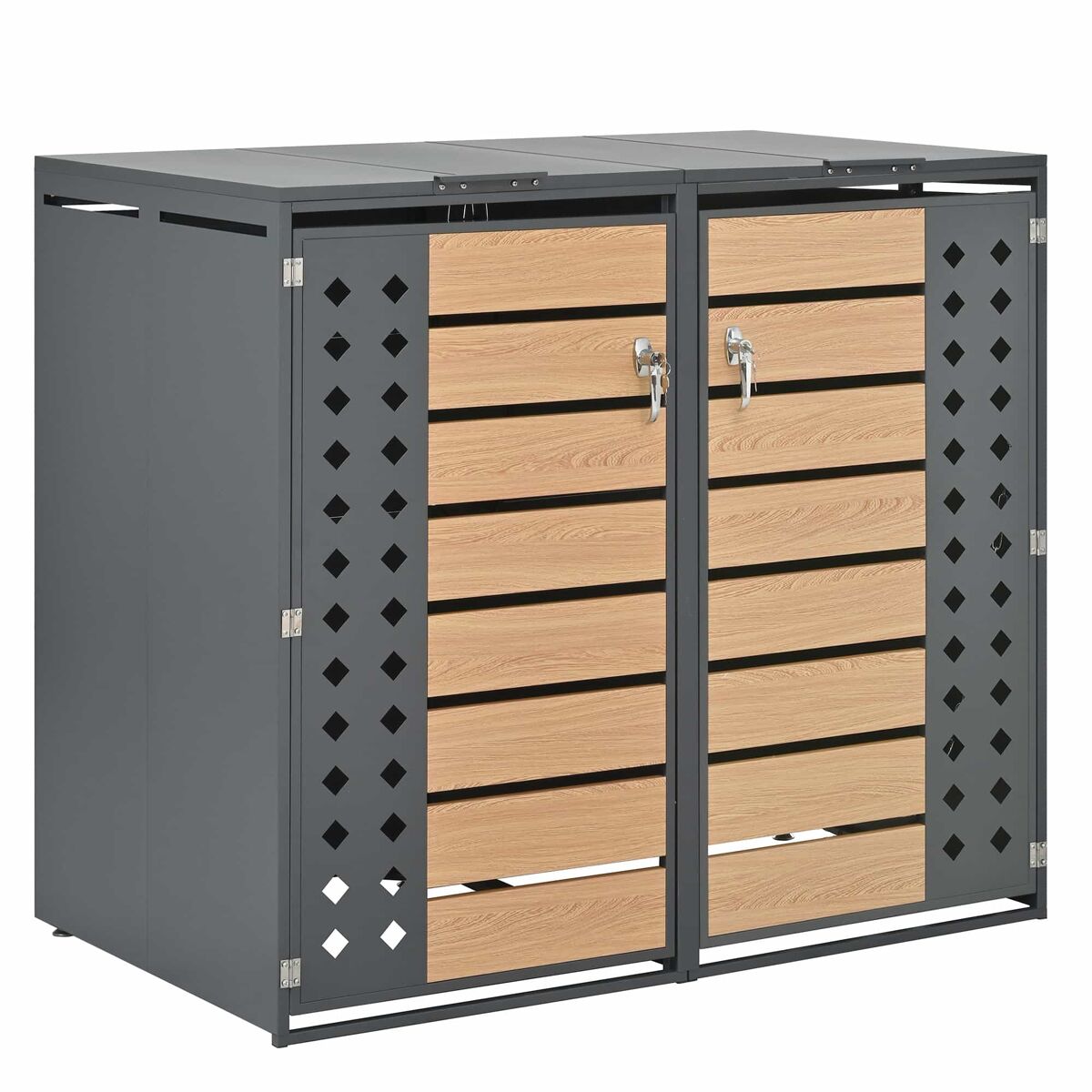 Caixa para lixo - 2 portas, com fechadura, tampa basculante, painel da porta em forma de diamante - cinza, madeira