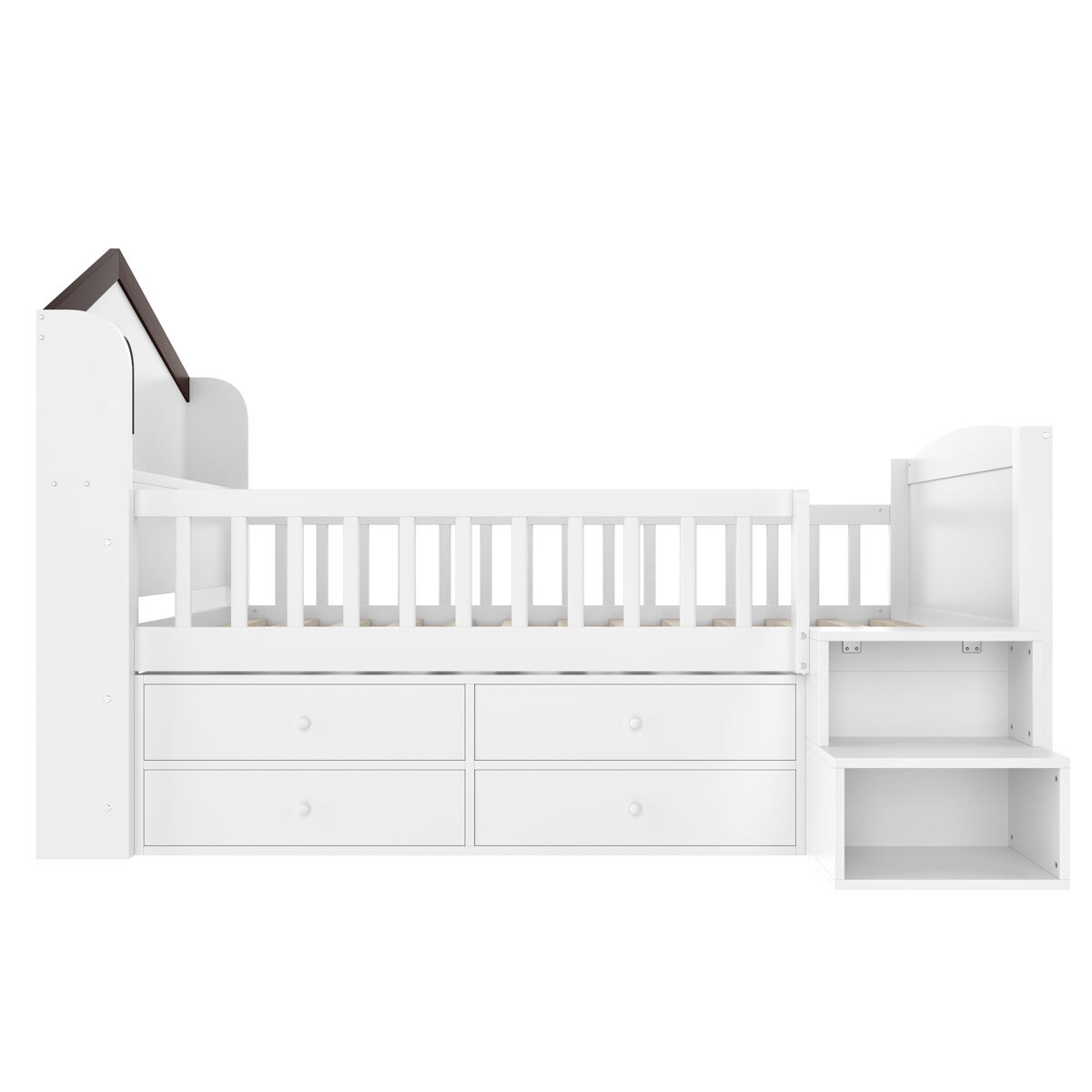 Cama semi-alta 90x200 cm - forma de casa, janela, 4 gavetas, barra led, escada de arrumação - branco