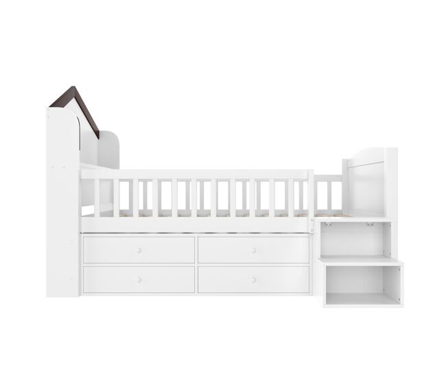 Cama semi-alta 90x200 cm - forma de casa, janela, 4 gavetas, barra led, escada de arrumação - branco