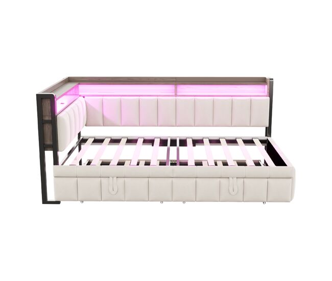 Sofá-cama 90x200 cm - cama extraível, iluminação led, portas usb e tipo-c, bege