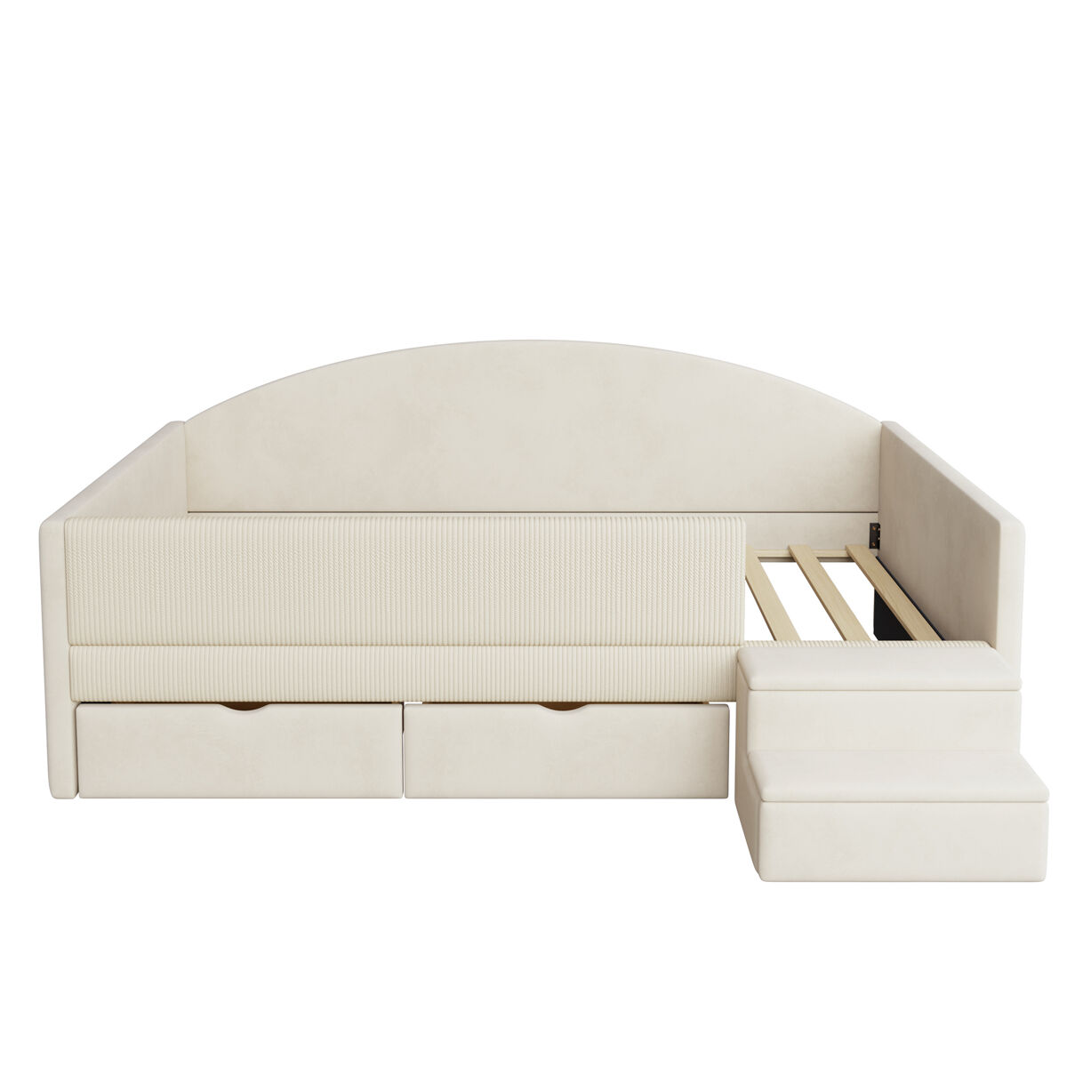 Cama multifuncional 90x190 cm - com duas gavetas, com escadas, tecido de veludo, sem colchão - bege