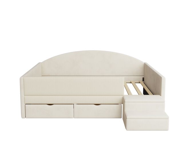 Cama multifuncional 90x190 cm - com duas gavetas, com escadas, tecido de veludo, sem colchão - bege
