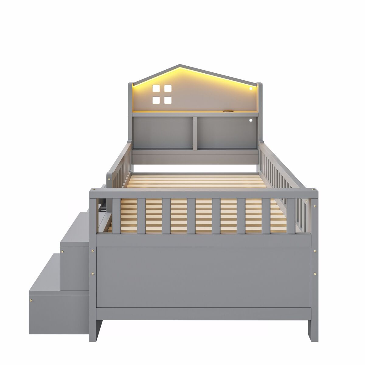 Cama infantil 90x200 cm - com grade de segurança, 4 gavetas, degraus, luzes led, portas usb e tipo-c, com estrado, madeira maciça, cinza