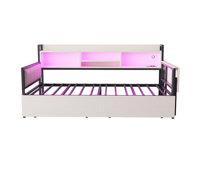 Sofá-cama de ferro 90x200 cm - com iluminação led, arrumação, secretária dobrável - branco