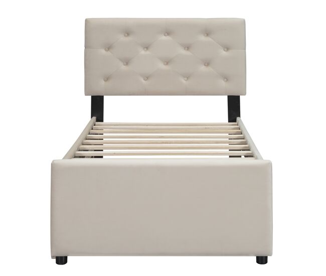 Cama individual 90x200cm em veludo - com cama de rodízio - com estrado de ripas - bege (colchão não incluído)