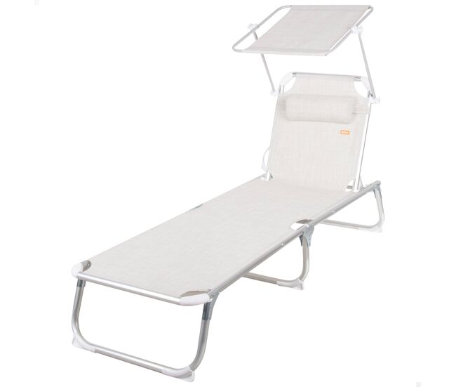 Aktive espreguiçadeira de praia multiposições 186x49x30 cm bege com guarda-sol e almofada
