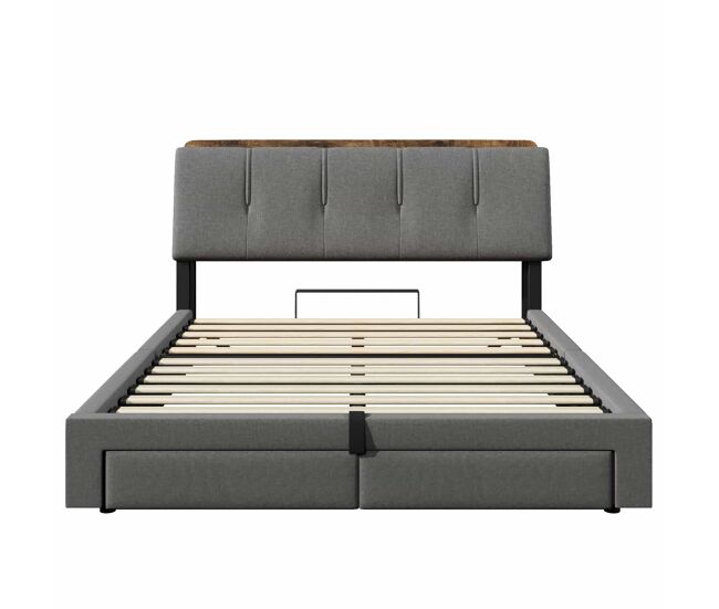 Cama estofada 140x200 cm - armazenamento hidráulico, usb tipo-c, led, linho, multifuncional - cinza