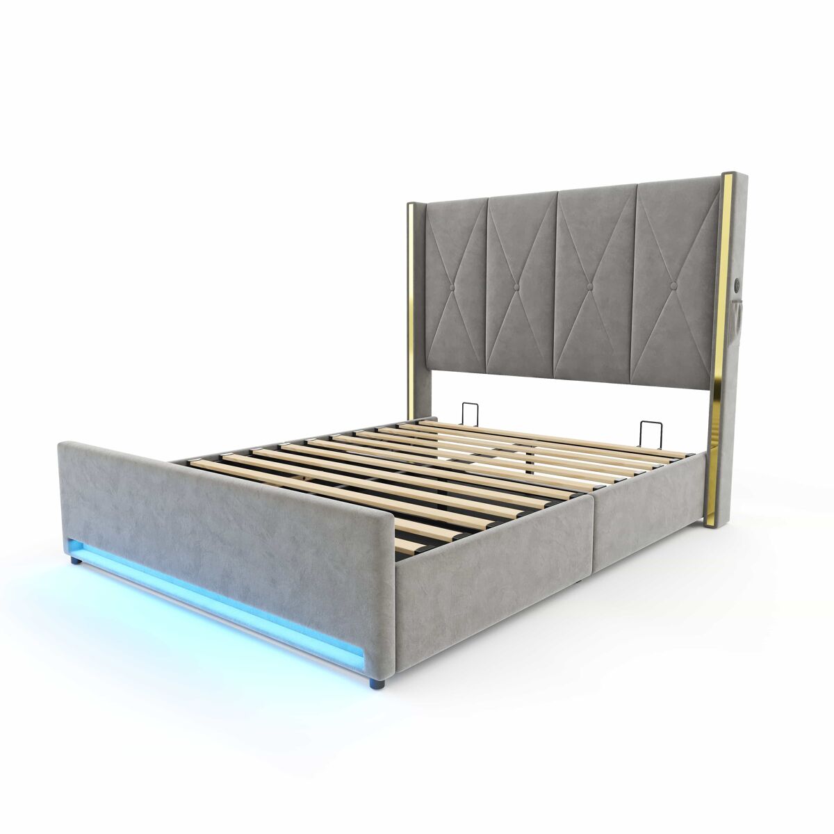 Cama de veludo 160x200 cm - cabeceira alta, acolchoada e estofada, com bolsos laterais, usb e led, sistema hidráulico e amplo espaço de arrumação por