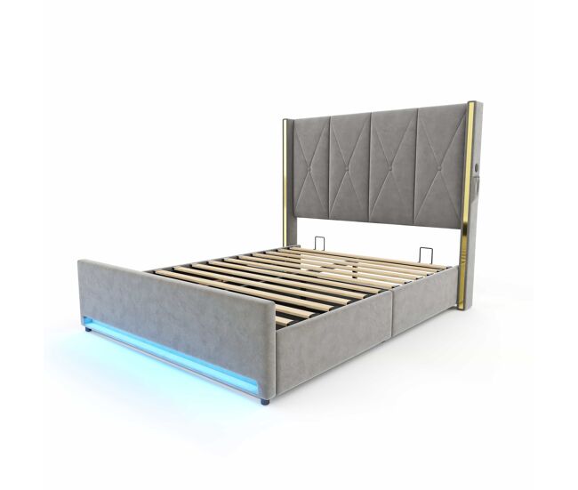 Cama de veludo 160x200 cm - cabeceira alta, acolchoada e estofada, com bolsos laterais, usb e led, sistema hidráulico e amplo espaço de arrumação por