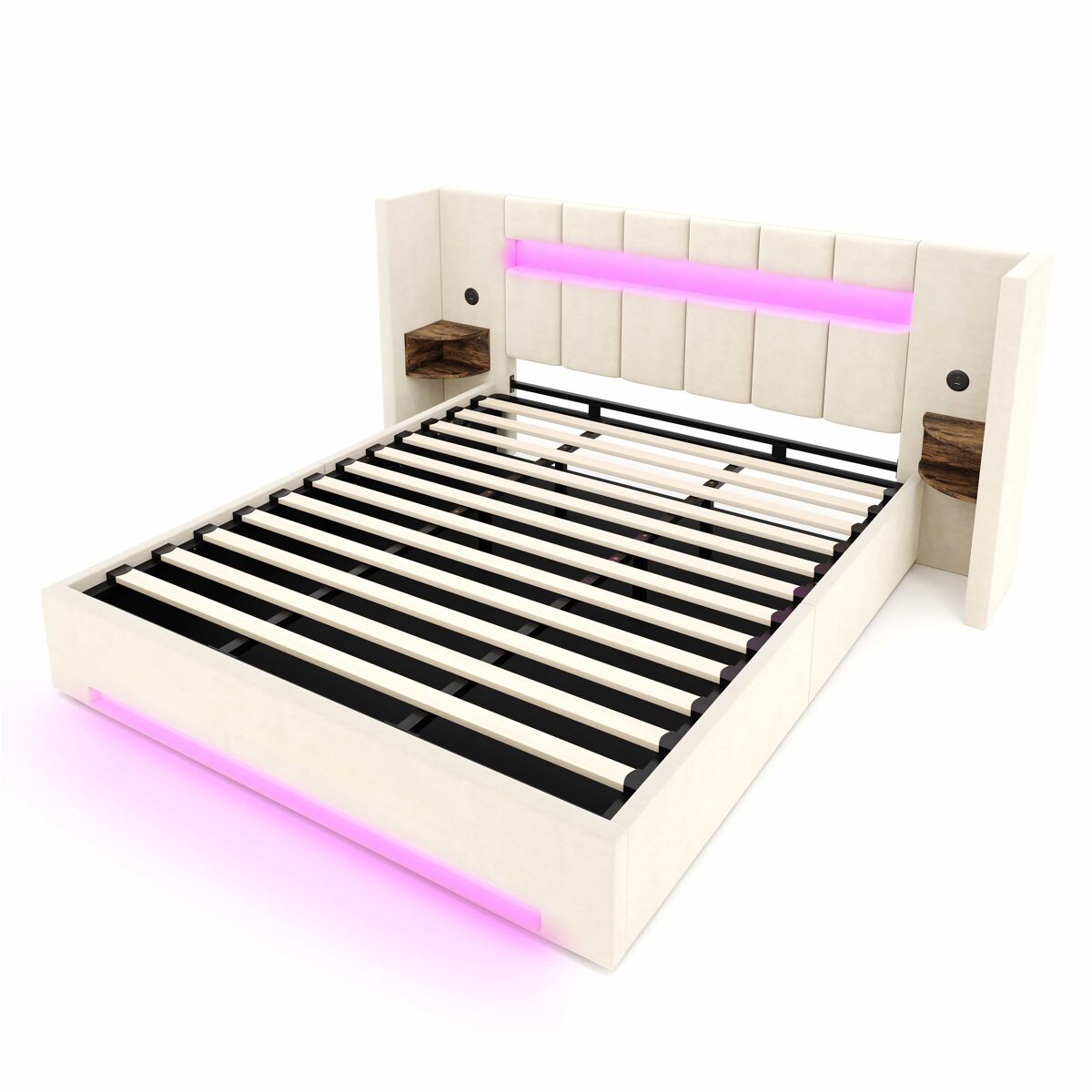 Cama multifuncional 180x200 cm - cabeceira larga, 2 portas usb, armário embutido, luz led, sistema hidráulico e amplo espaço de arrumação debaixo da
