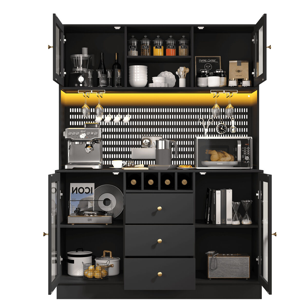 Armário alto de cozinha moderno - led, étagères ajustáveis, vinoteca, segurança anticaída - noir