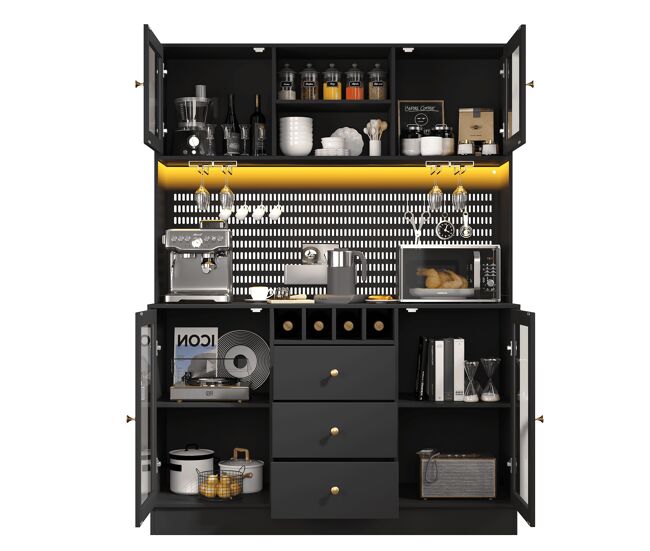 Armário alto de cozinha moderno - led, étagères ajustáveis, vinoteca, segurança anticaída - noir