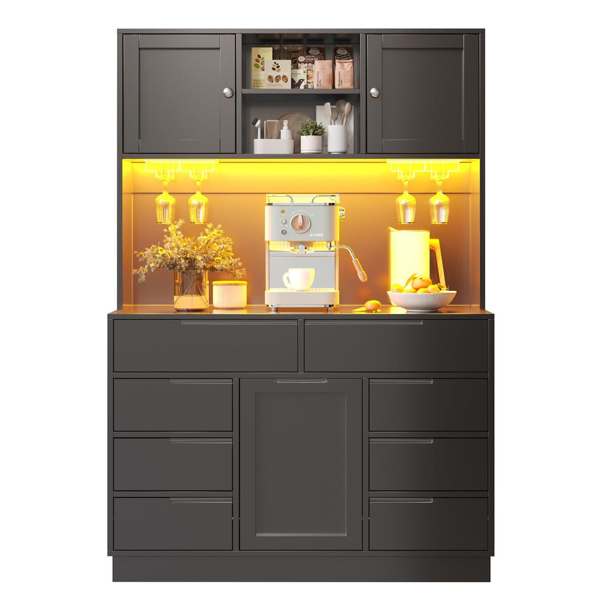 Armário alto moderno 120×40×183,5 cm - led, 8 gavetas, usb, prateleiras ajustáveis - preto