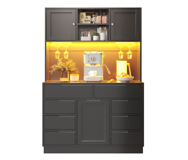 Armário alto moderno 120×40×183,5 cm - led, 8 gavetas, usb, prateleiras ajustáveis - preto