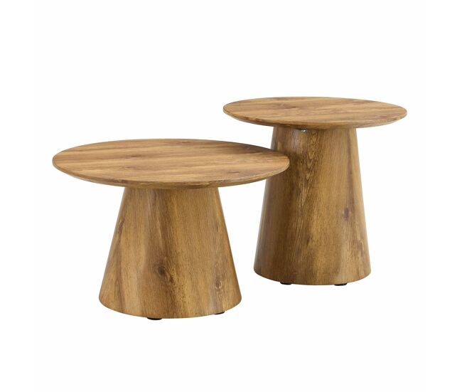 Conjunto de mesas de centro redondas 50x48 cm + 60x35 cm - mdf com acabamento em madeira natural, design empilhável, base estável para sala de estar