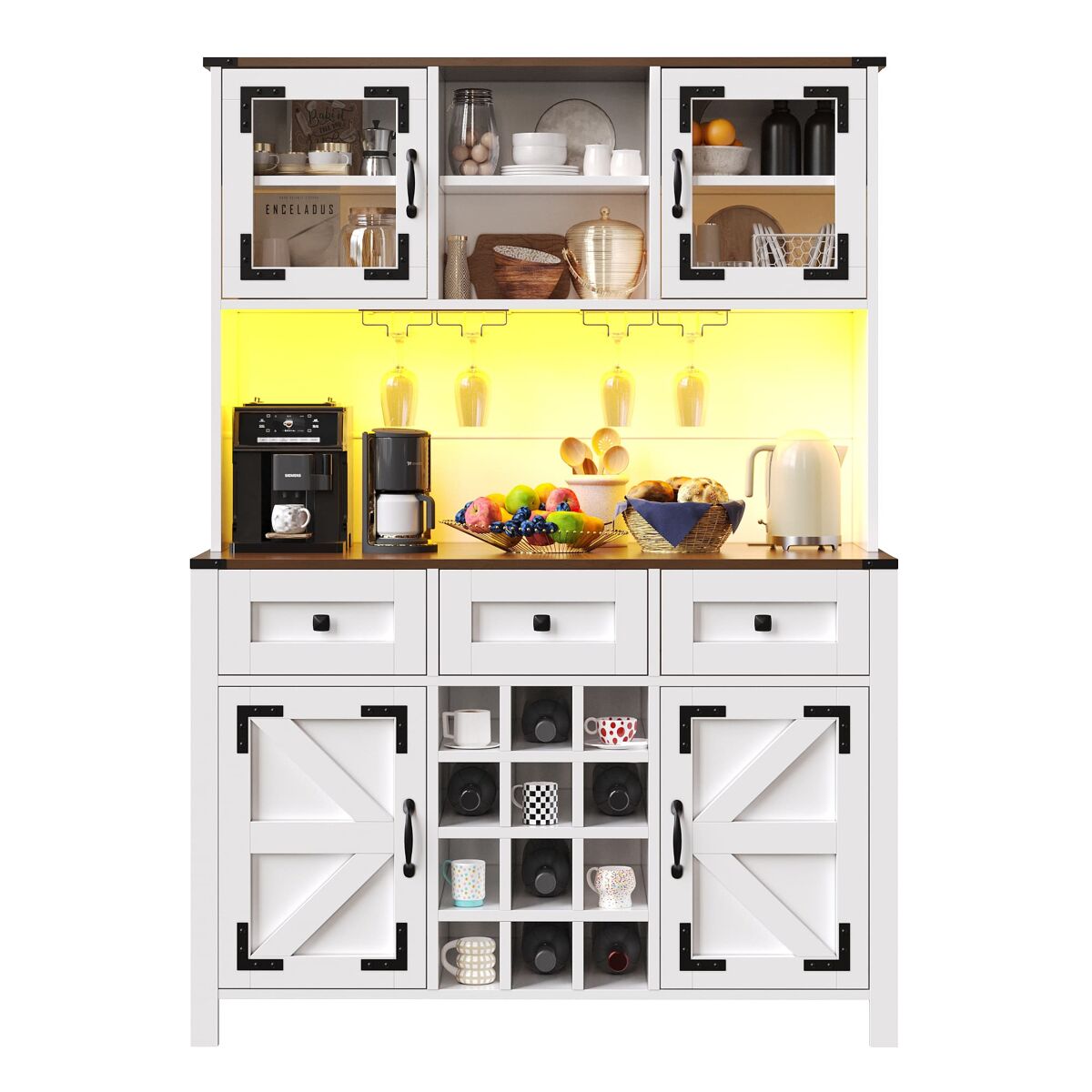 Armário alto de cozinha 120x40x170cm - 4 portas, 3 gavetas, usb, led - branco