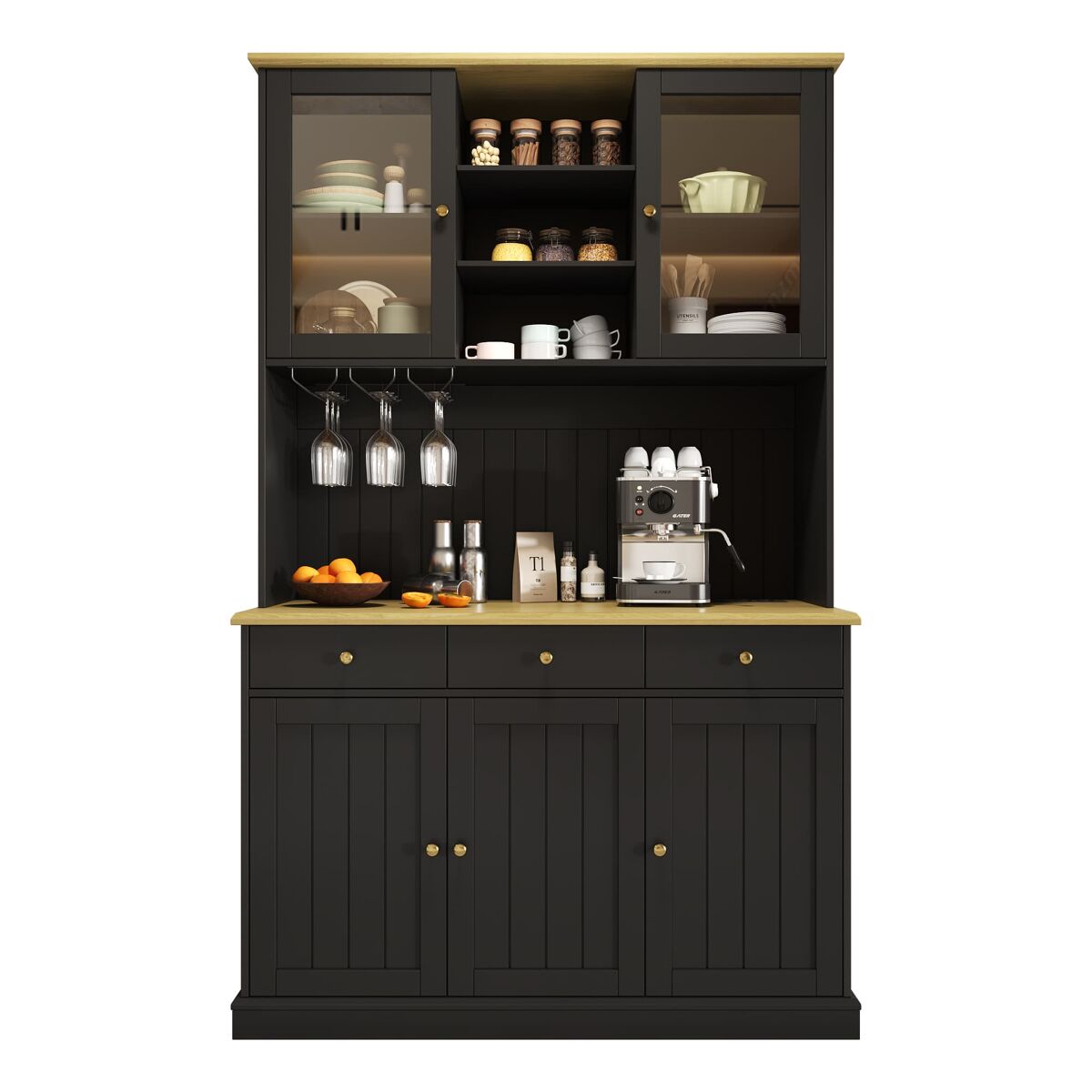 Aparador alto 120x40x191 cm - portas de vidro, arrumação, tomada e usb - noir