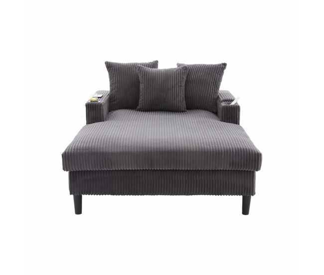 Sofá lounge multifuncional de 1 lugar - com chaise longue, suportes para bebidas em ambos os lados, iluminação led, espaço de arrumação, porta de