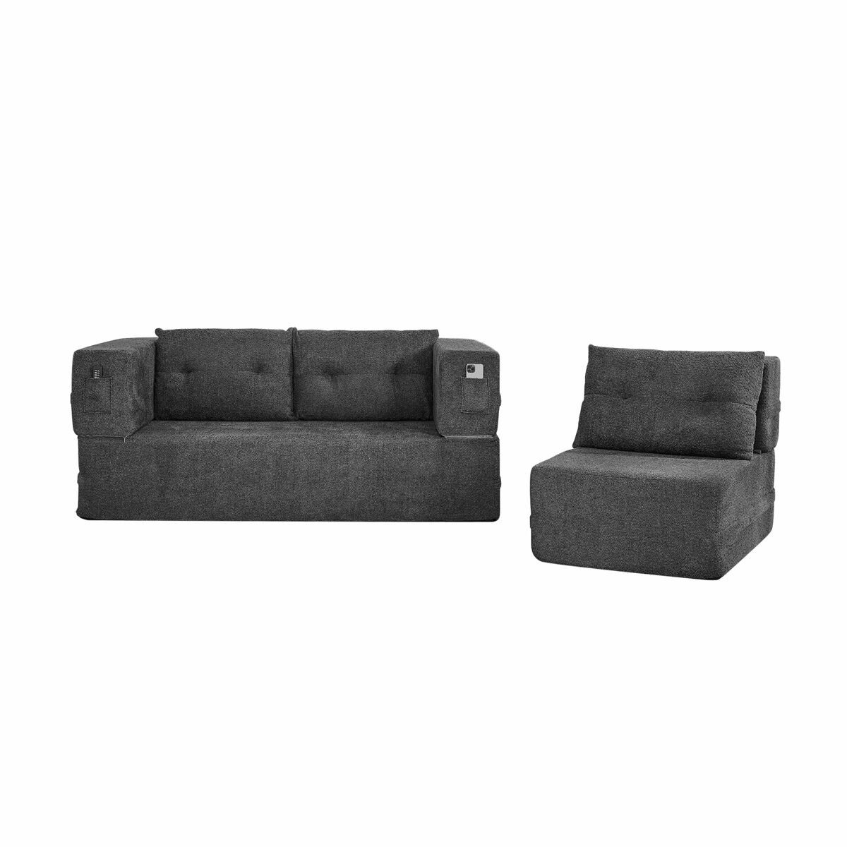 Sofá modular nube - sofá-cama dobrável sem montagem, cama para hóspedes e sofá de chão convertível com bolsos laterais nos braços para telemóvel e comando - cinzento escuro
