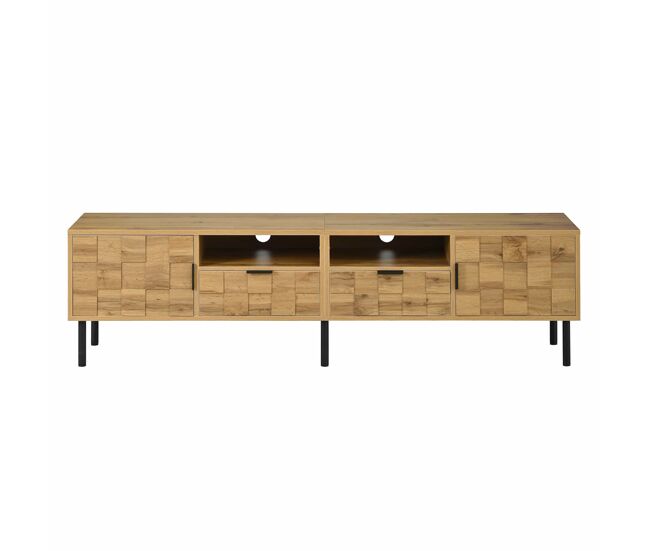 Móvel de tv mosaik com 2 portas e 2 gavetas - móvel baixo para sala de estar com 2 prateleiras abertas, pés metálicos - cor natural