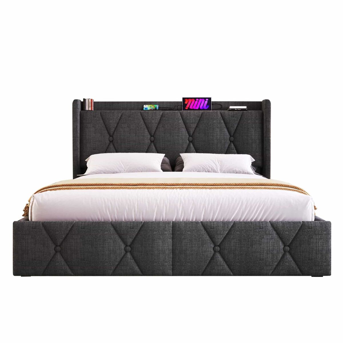 Cama estofada 160x200 cm - com porta usb, cabeceira e 4 gavetas de arrumação, base de madeira - cinzenta