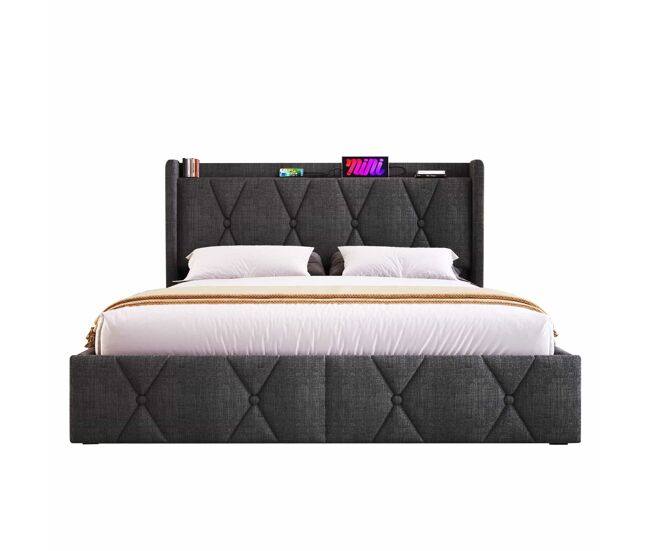 Cama estofada 160x200 cm - com porta usb, cabeceira e 4 gavetas de arrumação, base de madeira - cinzenta