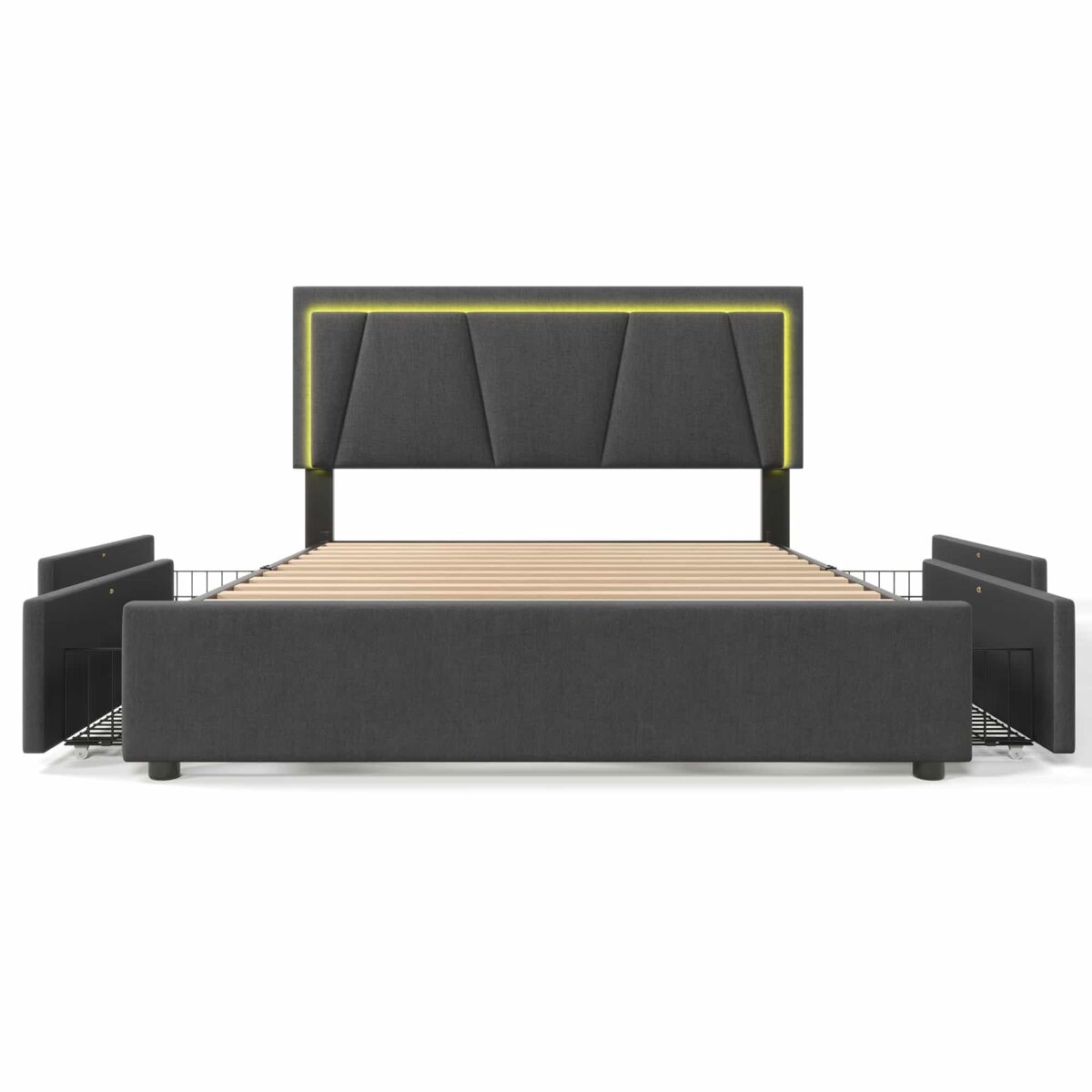 Cama estofada 160x200 cm - 4 gavetas, cabeceira ajustável, led, base de madeira - cinzenta
