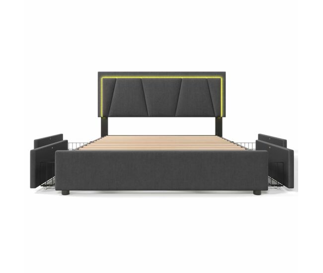Cama estofada 160x200 cm - 4 gavetas, cabeceira ajustável, led, base de madeira - cinzenta