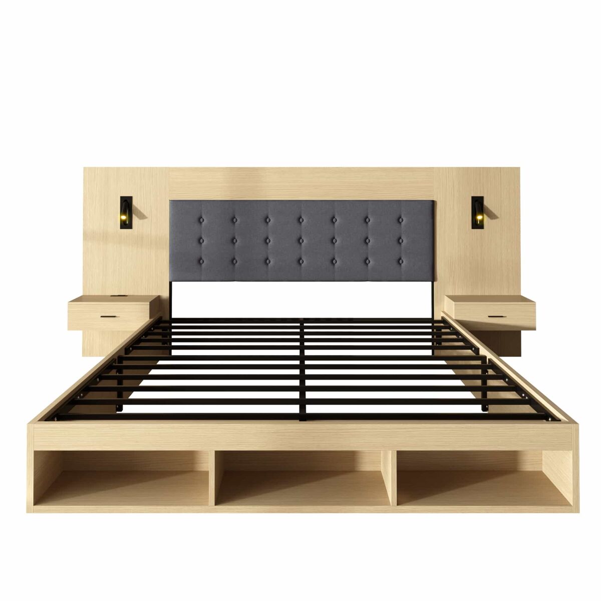 Cama de casal 180x200 cm - cama com arrumação, mesas de cabeceira, usb e type-c, candeeiro de leitura - carvalho claro