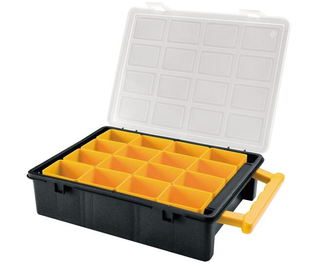 Organizador de plástico com 16 caixas removíveis.