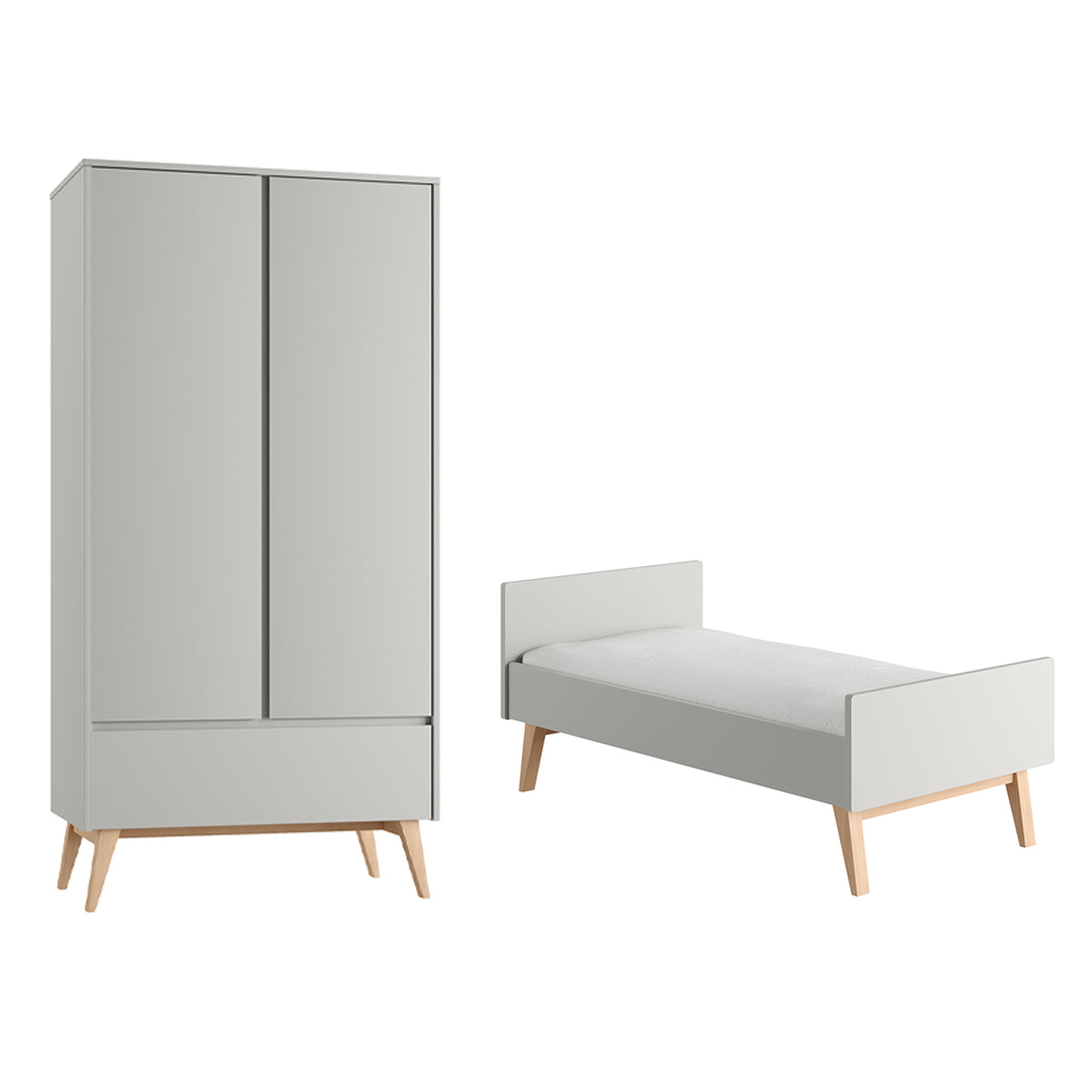 Berço evolutivo 70x140 e roupeiro 2 portas pinio swing gris e madeira