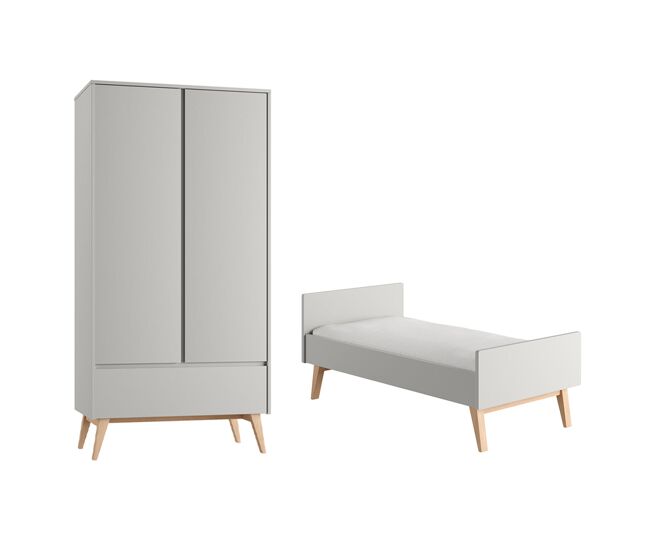 Berço evolutivo 70x140 e roupeiro 2 portas pinio swing gris e madeira