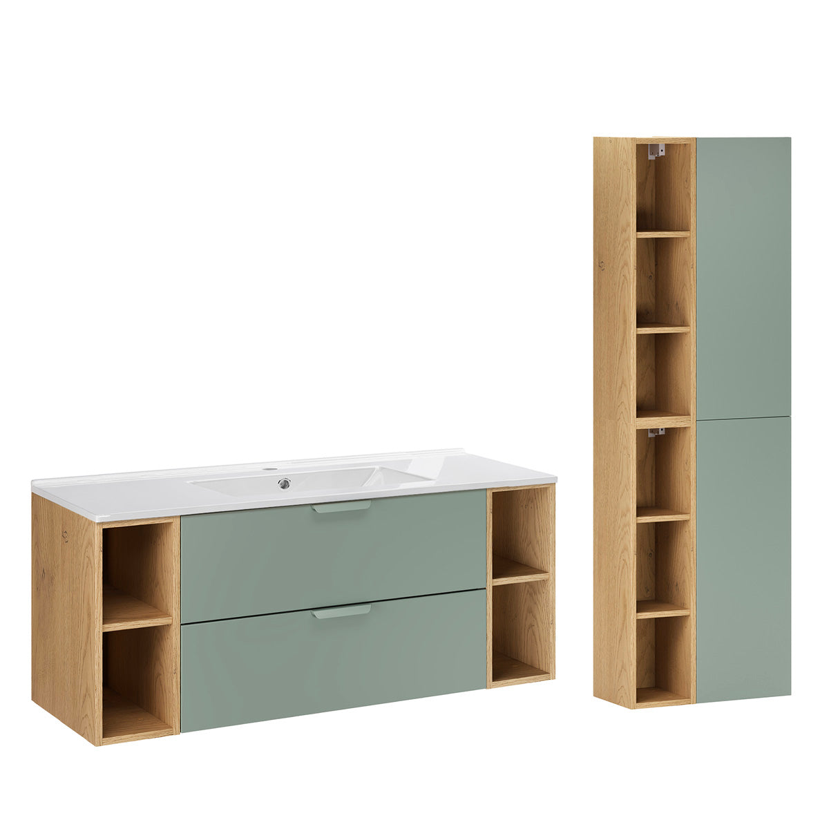 Conjunto de lavatório individual de 120 cm com 4 nichos e enceinte oria verde mate