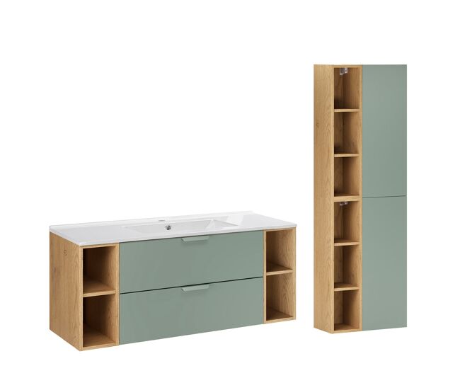 Conjunto de lavatório individual de 120 cm com 4 nichos e enceinte oria verde mate