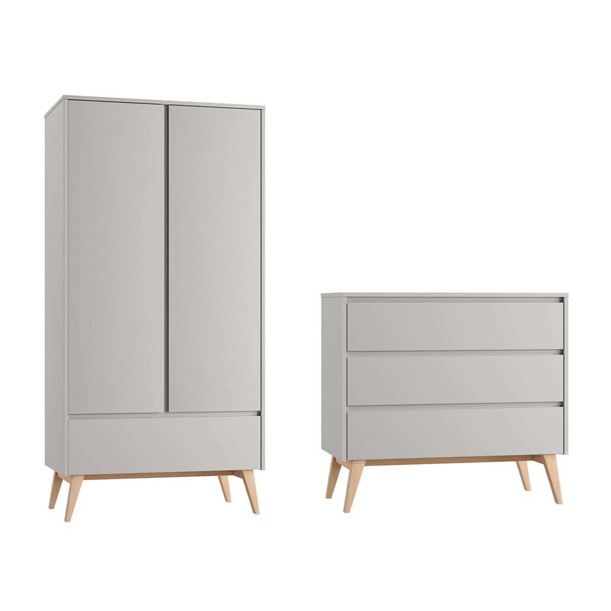 Cómoda 3 gavetas e roupeiro 2 portas pinio swing cinzento e madeira