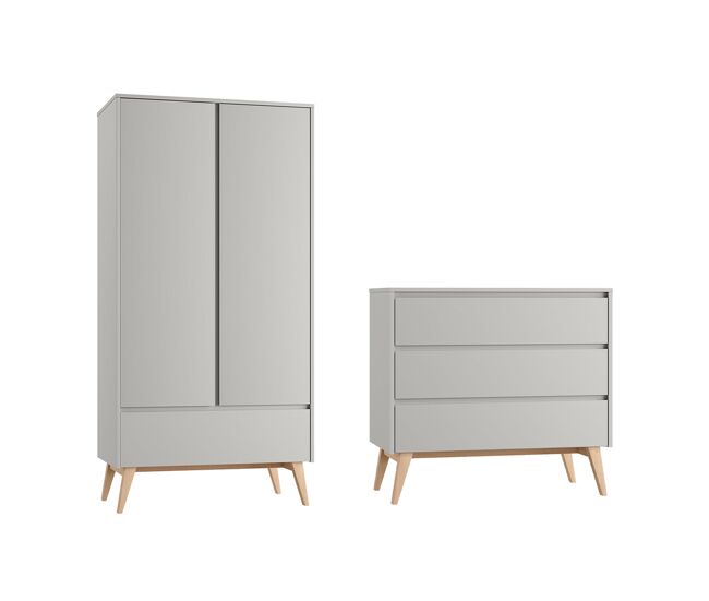 Cómoda 3 gavetas e roupeiro 2 portas pinio swing gris e madeira