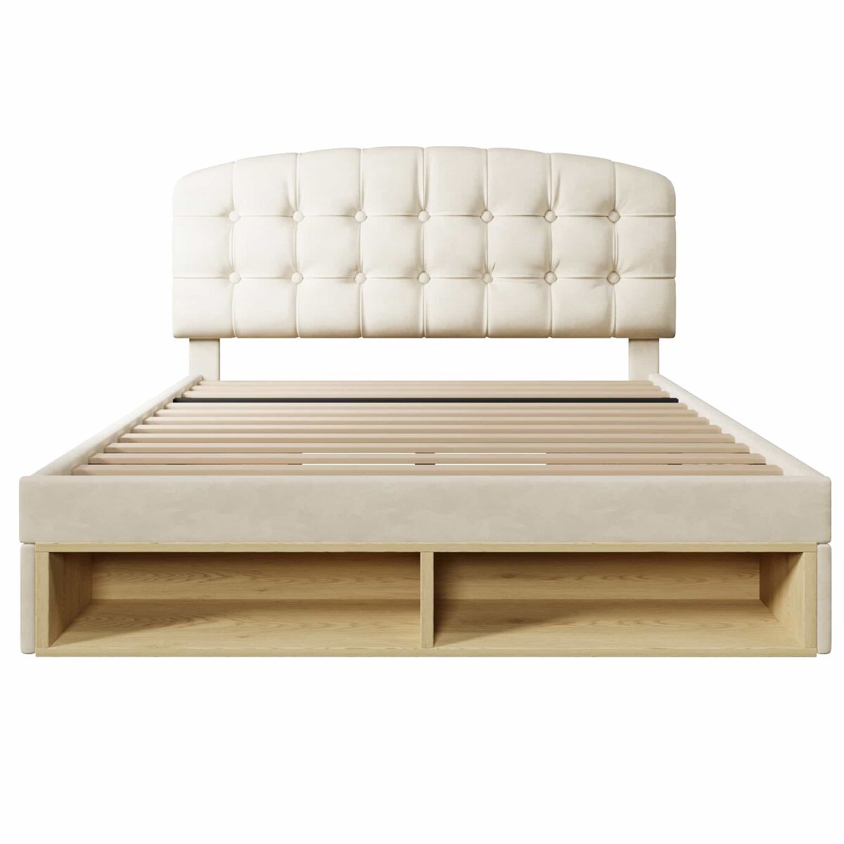 Cama de casal 140x190 - estofada em veludo, cabeceira ajustável, com gavetas e espaço de arrumação - bege