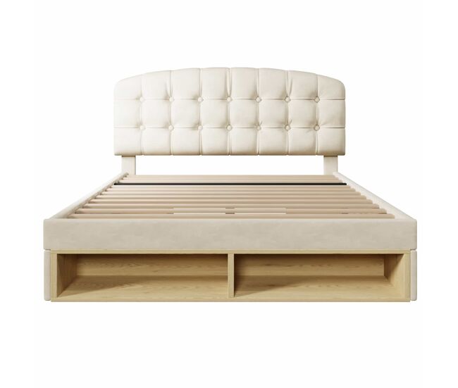 Cama de casal 140x190 - estofada em veludo, cabeceira ajustável, com gavetas e espaço de arrumação - bege