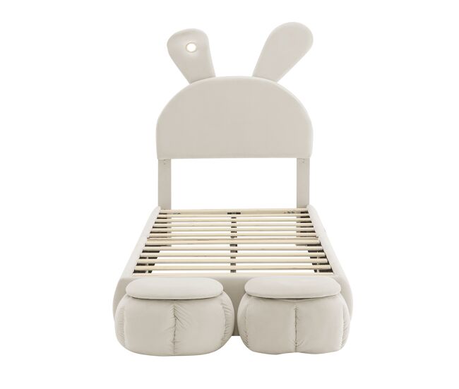 Cama individual 90x200 cm - com orelhas de coelho, luz quente regulável, dois bancos com arrumação - bege