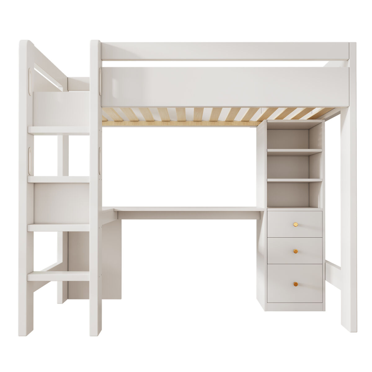 Cama alta 90x200 cm - com secretária em l, prateleiras, gavetas e área de carregamento usb/type-c - branco