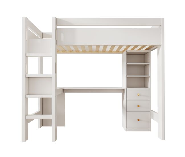 Cama alta 90x200 cm - com secretária em l, prateleiras, gavetas e área de carregamento usb/type-c - branco