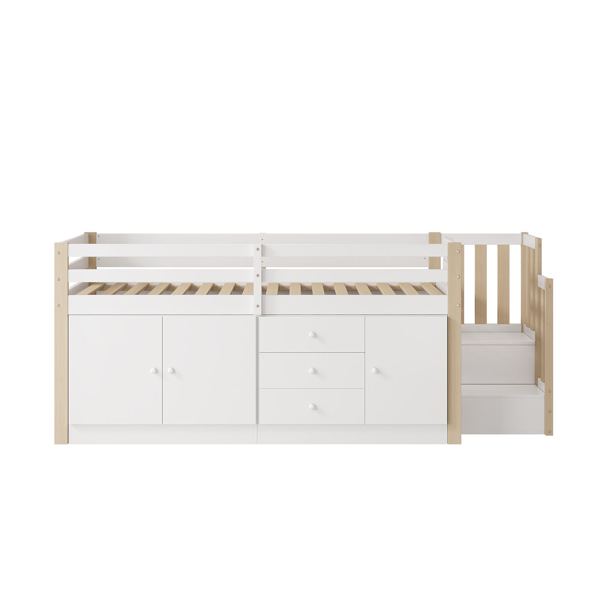 Cama alta infantil 90x200cm - com escada, gavetas, 2 armários e barra para roupa - branco