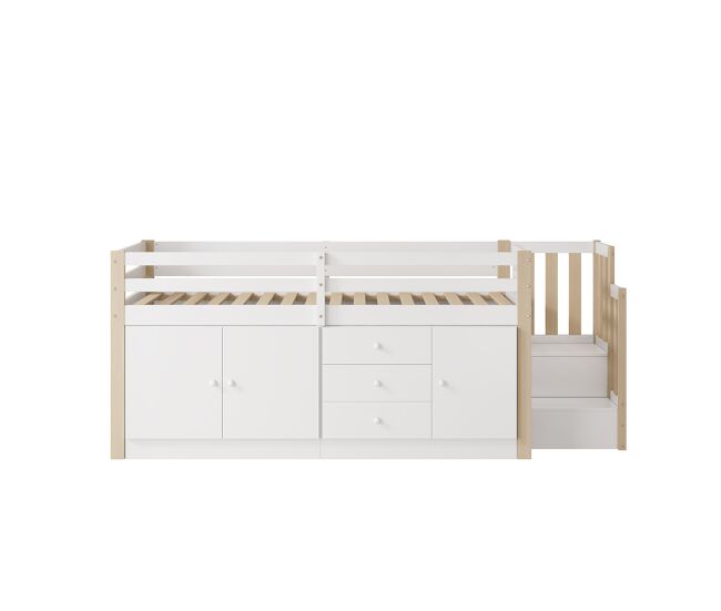 Cama alta infantil 90x200cm - com escada, gavetas, 2 armários e barra para roupa - branco