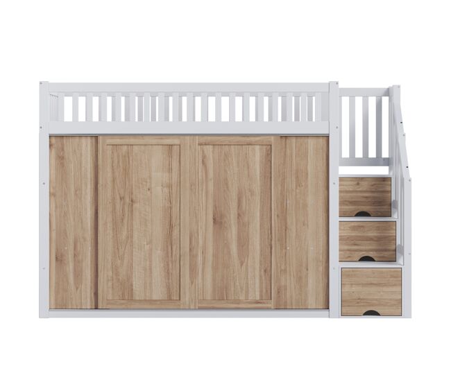 Cama infantil 90x200 cm - cama alta multifuncional com armário e escada, barra de luzes, branco e carvalho