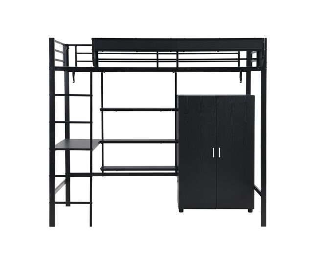 Beliche 90x200cm - com mesa e armário, com 5 degraus, estrutura de metal e painel de aglomerado - preto