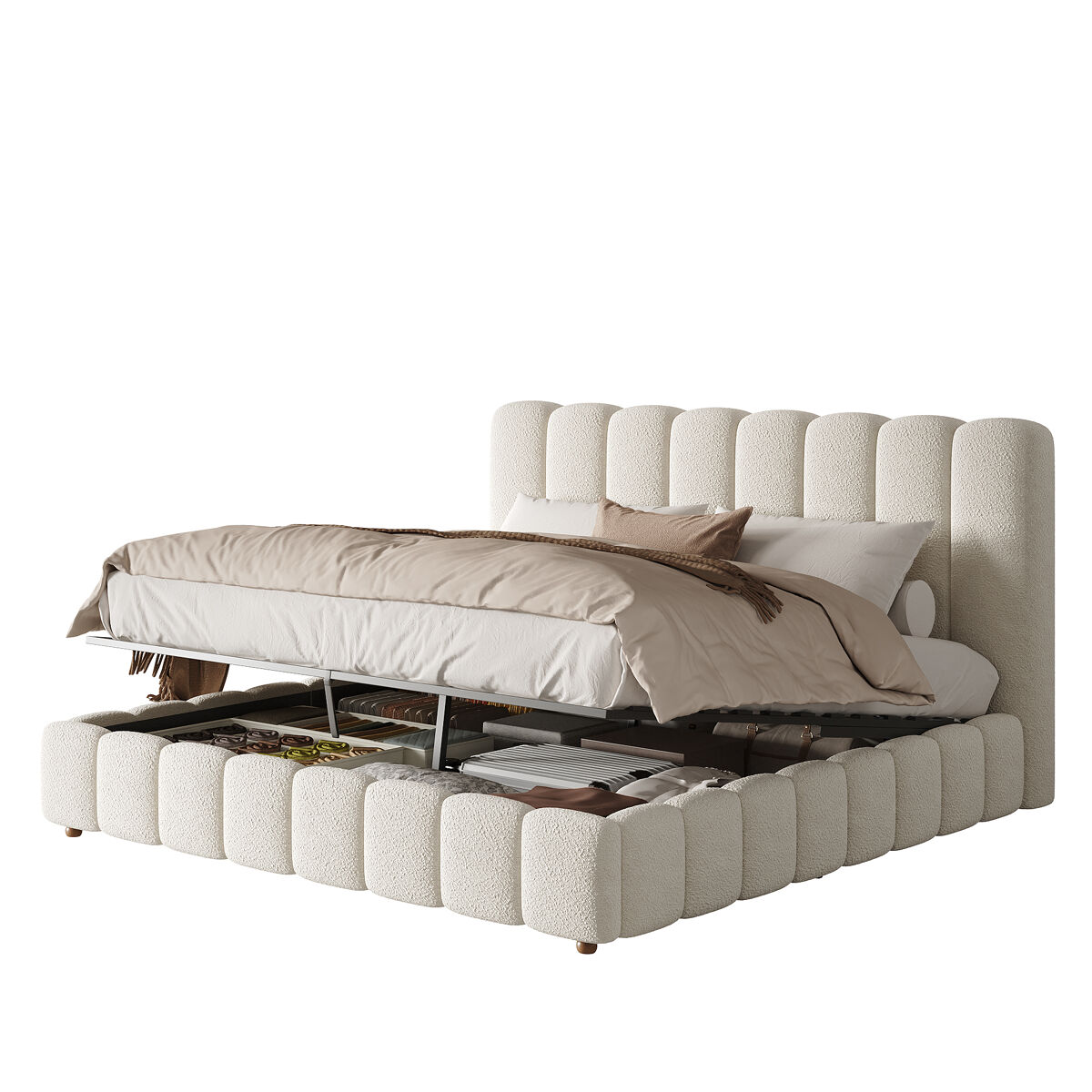Cama de casal de tecido 160x200 cm com armazenamento,branco