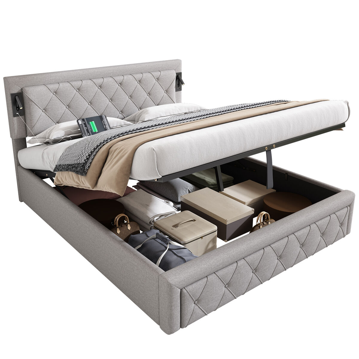 Cama de casal de linho 160x200 cm com armazenamento,cinza